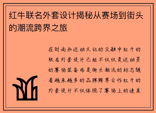红牛联名外套设计揭秘从赛场到街头的潮流跨界之旅